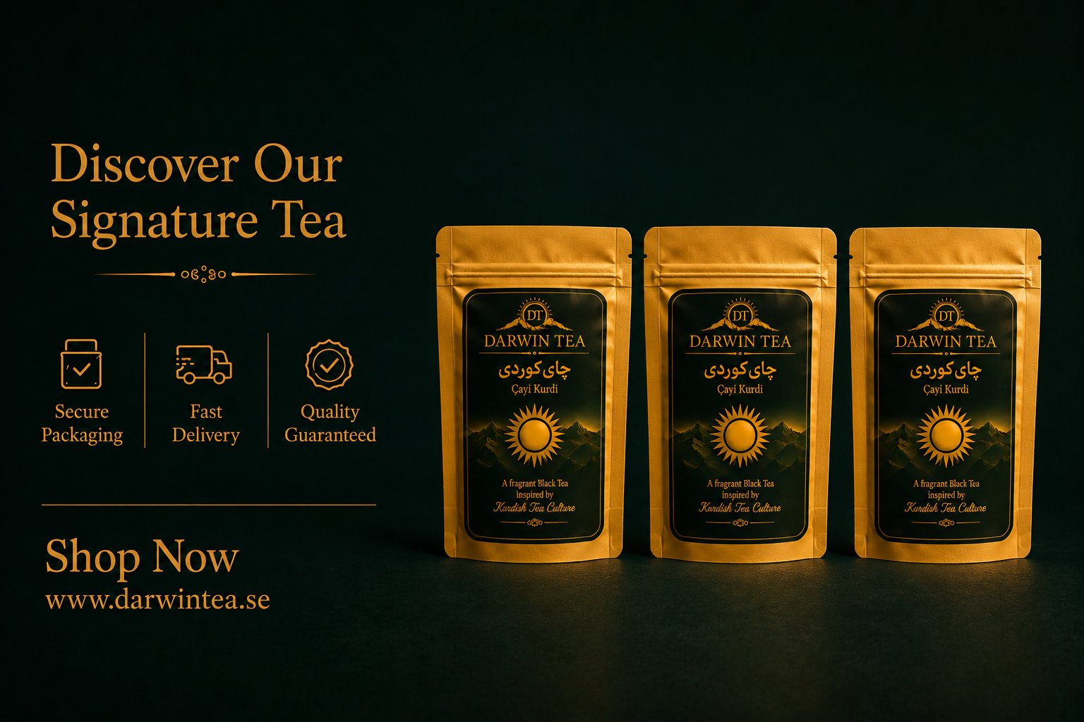 Darwin Tea pouch beside a glass of tea in a warm interior
