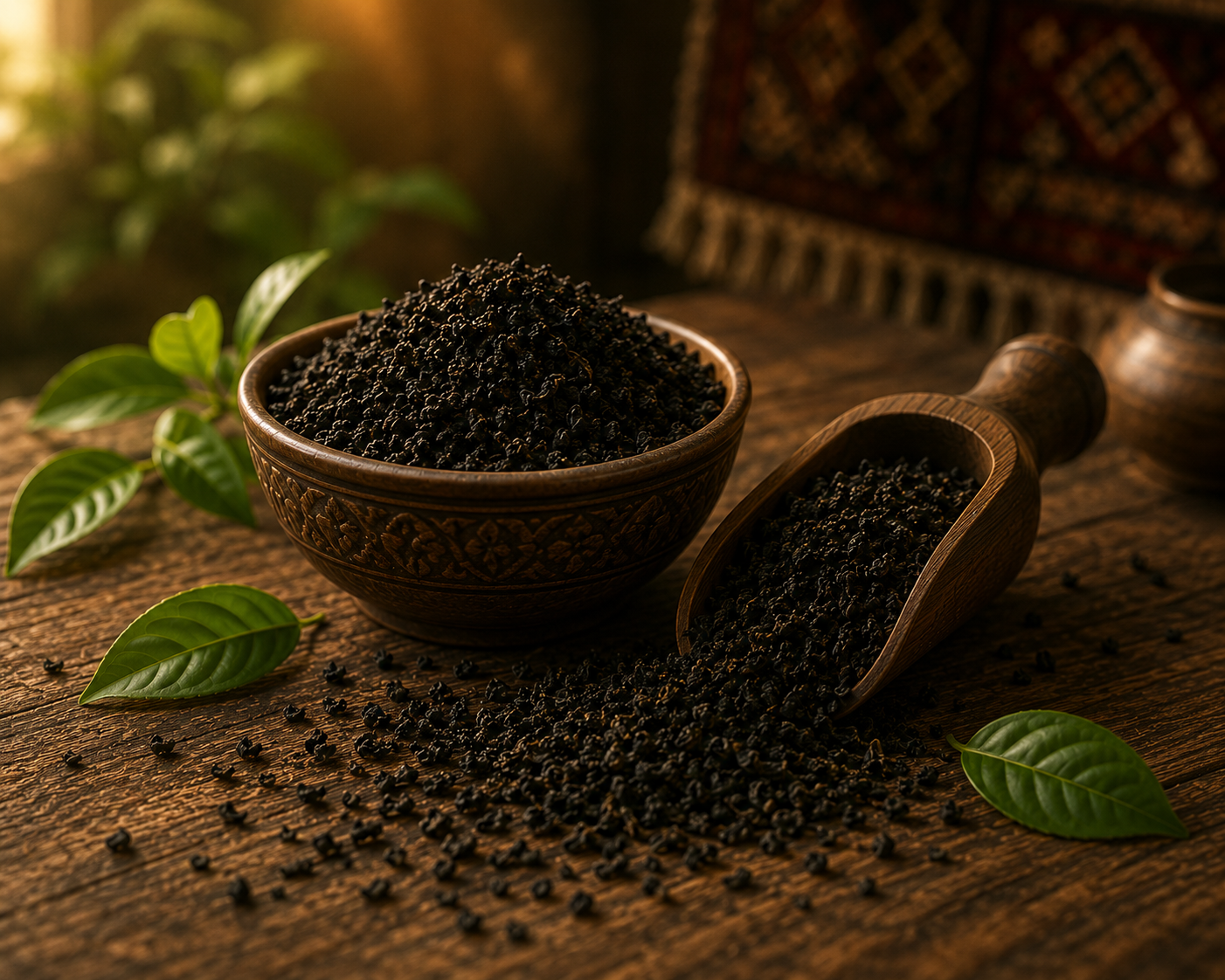 A carved bowl of loose Darwin black tea on a warm wooden table